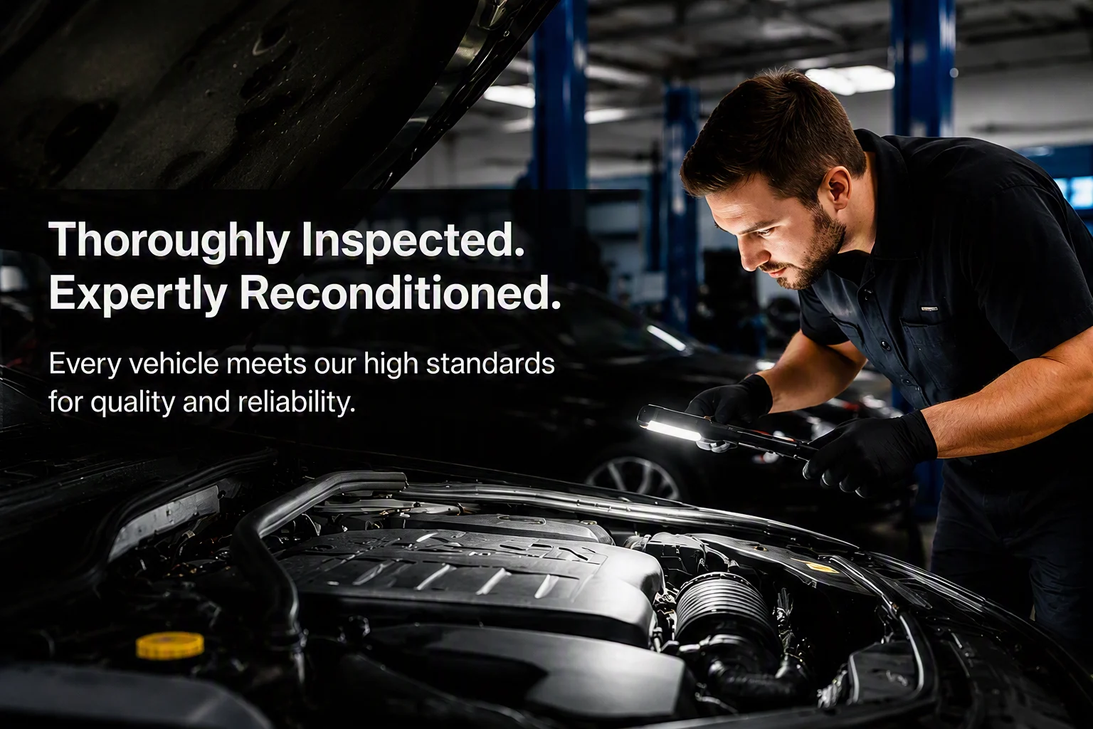A Karvex technician inspecting an engine bay under a raised bonnet with a work light, with the line Thoroughly Inspected. Expertly Reconditioned. Every vehicle meets our high standards for quality and reliability.